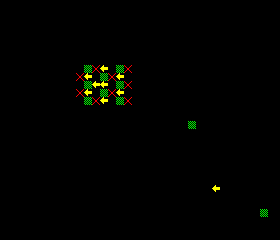 Master System native output: a small coloured map region, a single-cell redraw and isolated edge tiles