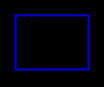 A black square framed by a blue rectangular wall, on a black background — the town square at dusk, drawn purely in attribute colour.