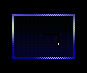 The lamplighter at the end of an L-shaped trail of smooth black cells gouged through the stippled ground.