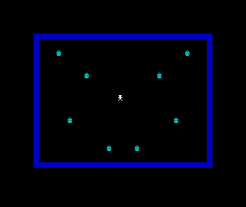 The walled square with eight small cyan lanterns scattered around the interior and the white lamplighter standing in the centre.