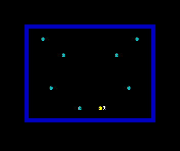 The square of lamps with one lamp near the bottom now glowing yellow, the lamplighter just beside it; the other lamps still cyan.