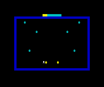 The square with a HUD strip along the top; two pips are bright yellow and the rest cyan, matching two lit lamps below and the lamplighter beside them.
