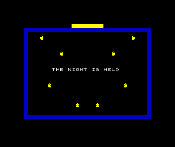 All eight lamps lit gold around the square, the tally fully warm at the top, and the words THE NIGHT IS HELD printed across the middle.