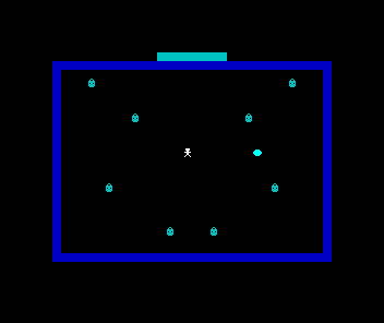 The square of unlit lamps with the lamplighter at the centre and a brighter cyan wisp drifting in the upper area.