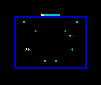 The square with one lamp lit gold at the left beside the lamplighter, the draught hovering by a freshly-cooled cyan lamp at the upper right, and the tally showing one.