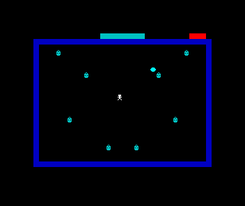 The square in play, with the cyan lamp tally at the top left of the HUD and three red life pips at the top right.