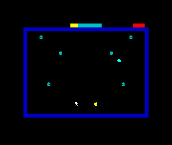 The square in play: a gold lit lamp beside the white lamplighter, the cyan draught drifting at the upper right, and the HUD tally and red life pips along the top.
