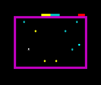 The walled square with the walls glowing magenta, four lamps lit gold, the lamplighter at the left, and the tally part-filled at the top.