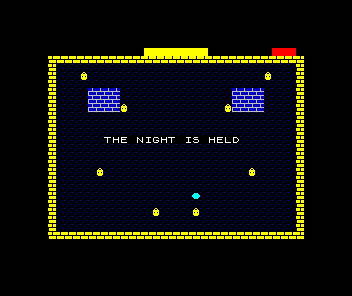 The gold square, THE NIGHT IS HELD, all pips warm — and the wisp frozen mid-square where the win caught it.