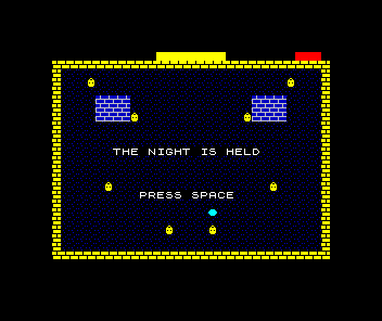 THE NIGHT IS HELD over the golden square with PRESS SPACE beneath, all three embers kept.
