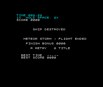 The result screen: SHIP DESTROYED, METEOR STORM - FLIGHT ENDED, FINISH BONUS 0000, R RETRY Q TITLE and the best records, with a black border.