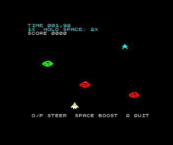 Meteor Storm in flight with the extra lines. The ship's upper half is yellow and its lower half is white. Meteors above are green and red, a star is cyan.
