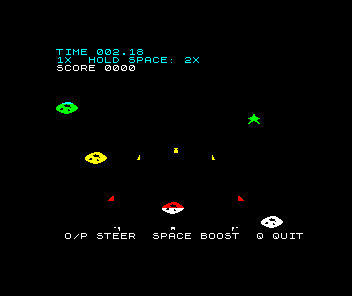 The destroyed phase in colour. The HUD is cyan and white. Ship pieces in the air are yellow and red, depending on their height. The meteor that hit the ship is red on top and white below. Another meteor lower right is white, and the other meteors are green and yellow.