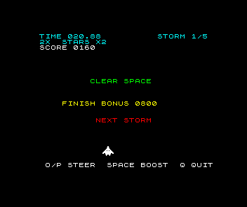 Meteor Storm between storms. The HUD reads TIME 20.88, the boost line and SCORE 0160, with STORM 1/5 at the top right. In the middle of the empty playfield, CLEAR SPACE is green, FINISH BONUS 0800 yellow and NEXT STORM red. The white ship is at the bottom.