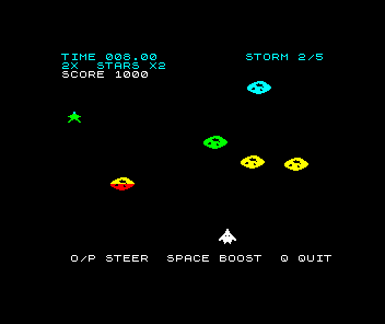 Meteor Storm in the second storm. The HUD reads TIME 08.00, SCORE 1000 and STORM 2/5. Five meteors are spread across the cyan, green and yellow bands, with a green star at the left. The ship is at the bottom.