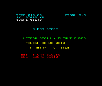 The result after five storms. The HUD reads TIME 19.60, the boost line, SCORE 05140 and STORM 5/5. Below: CLEAR SPACE, METEOR STORM - FLIGHT ENDED, FINISH BONUS 0810, R RETRY Q TITLE, BEST STORM 019.60 and BEST SCORE 05140.