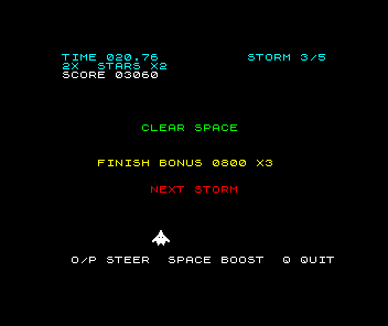 Clear space after the third storm. The HUD reads TIME 20.76, SCORE 03060 and STORM 3/5. In the middle: CLEAR SPACE in green, FINISH BONUS 0800 X3 in yellow and NEXT STORM in red. The white ship is at the bottom.