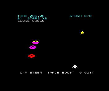 Six seconds into the third storm. The HUD reads STORM 3/5. Two magenta meteors and a red one are in the middle of the playfield, one of them yellow along its top edge; a yellow star is on the right. The ship is white at the bottom.