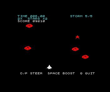 Six seconds into the fifth storm. The HUD reads STORM 5/5 and SCORE 09210. Five meteors and a star, all red, are spread across the playfield above the white ship.