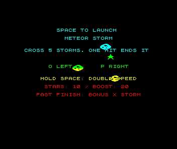 The title screen with the attract storm running. SPACE TO LAUNCH is at the top, above METEOR STORM. A cyan meteor crosses the line CROSS 5 STORMS. ONE HIT ENDS IT, a green star falls below it, a yellow meteor passes between O LEFT and P RIGHT, and another covers part of DOUBLE SPEED, which shows through it.