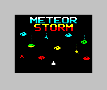 The loading screen: METEOR in white and cyan, STORM in yellow and red, meteors and stars with dotted trails falling through cyan, green, yellow and red rows, and the white ship near the bottom, framed by a black border.