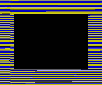 A black screen inside a border of yellow and blue loading stripes.