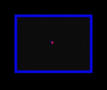 A dark, finely-textured slate floor filling a room, framed by a bright blue stone wall border, with the red hooded thief standing in the centre.