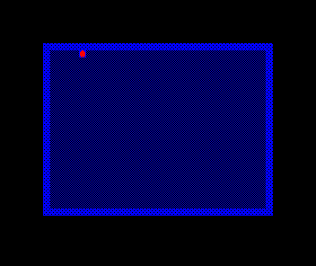 The hooded thief, having walked up and to the left, stopped against the top wall of lit blue stone; the dark slate floor below him is unbroken, with no trail.