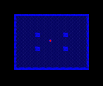 A walled hall with four bright-blue stone pillars arranged in a square on the dark slate floor, the red thief standing among them.