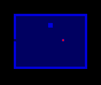 A second, plainer chamber with a single block near the top and a doorway gap in its west wall; the red thief stands in it, having walked east out of the pillared hall and into here.