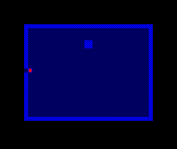 The second chamber, with the red thief standing right at the doorway gap in its west wall, mid-height — exactly where he'd emerge after stepping east through the first room's east door.