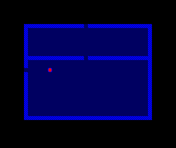 The Gallery — a room split across the middle by a wall with a single gap; the red thief stands just inside its west doorway, with another doorway gap at the top leading further in.