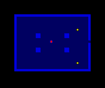 The Hall, bare stone and four pillars, with the hooded thief near the centre and two yellow coins glinting on the right — one high, one low. The east doorway stands open in the right-hand wall.