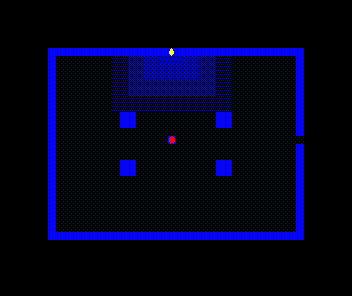 The Hall lit by a single torch set in the top wall: a bright pool of light fans out below the flame and fades through deepening shades of slate to near-black in the corners; the hooded thief stands in the shadow below, the pillars dark around him.