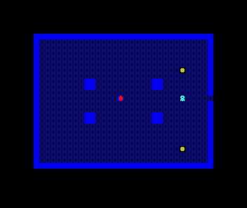 The Hall, with the hooded thief near the centre and, to the right, a second figure drawn in pale cyan — a cowled sentinel standing on the same column as the two coins.