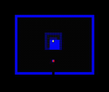 The Vault as a crypt: a flame burns on the central altar, throwing a small, tight pool of light over the stone immediately around it; the rest of the room falls away into near-black, the hooded thief a dim figure approaching through the dark.