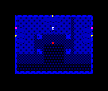 The Hall lit by three sconces — one high in the centre wall and one on each side wall — their pools of light overlapping across the upper hall around the statue and banners, the floor falling into shadow below; the hooded thief stands in the light.