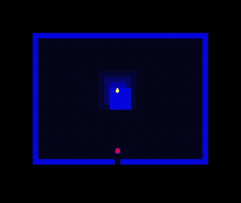 The Vault, lit by a single flame on the central altar: a tight pool of light around the altar, the rest of the room near-black, the hooded thief a dim figure entering from the south doorway below.