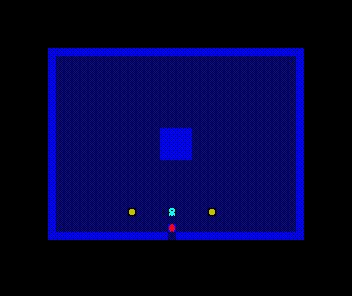 The Vault, its central altar of stone, with the two coins low on the floor and a cyan Warden pacing the row between them — the thief entering from the doorway below.