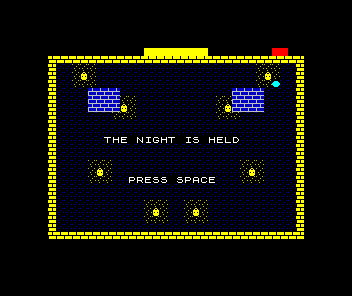 THE NIGHT IS HELD over the fully warmed square; two red ember cells show on the HUD ledge.