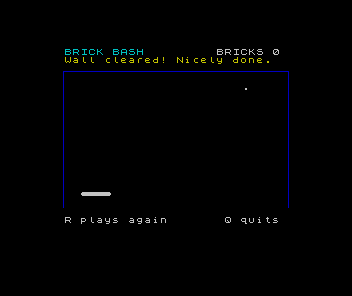 The eighteen-brick wall cleared, with BRICKS 0 and the completion message.