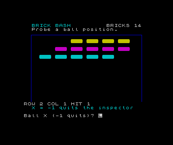 Brick wall with fourteen remaining bricks and a report identifying row 2, column 1 as a hit.