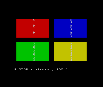 Black ZX Spectrum screen: four coloured panels — red 1 and blue 2 on top, green 3 and yellow 4 below