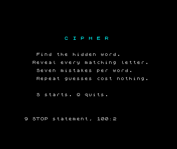 The Cipher title screen with the report 9 STOP statement, 100:2 printed below the instructions.