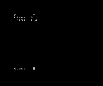 ZX Spectrum Cipher: the word S _ _ _ T _ _ _, Lives: 6, Tried: STZ