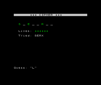 ZX Spectrum Cipher: an inverse CIPHER title bar, a partly-revealed word in green, a star lives bar, and the tried letters
