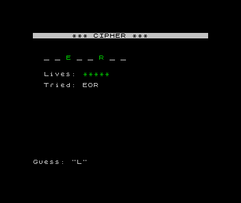 ZX Spectrum Cipher: a fresh eight-letter word with a couple of letters revealed, chosen at random from the list