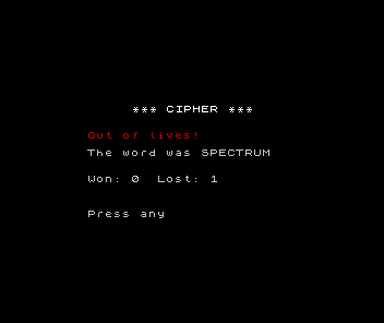 ZX Spectrum Cipher lose screen: Out of lives!, The word was SPECTRUM, Won: 0 Lost: 1, Press any key for next word