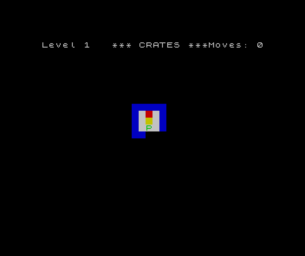 The Crates game in play on black: a warehouse of blue walls, a red target, a yellow crate, the green player P, and a move counter