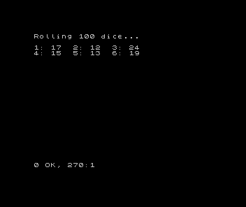 Black ZX Spectrum screen: Rolling 100 dice... above two lines of totals, 1: 17 2: 12 3: 24 and 4: 15 5: 13 6: 19